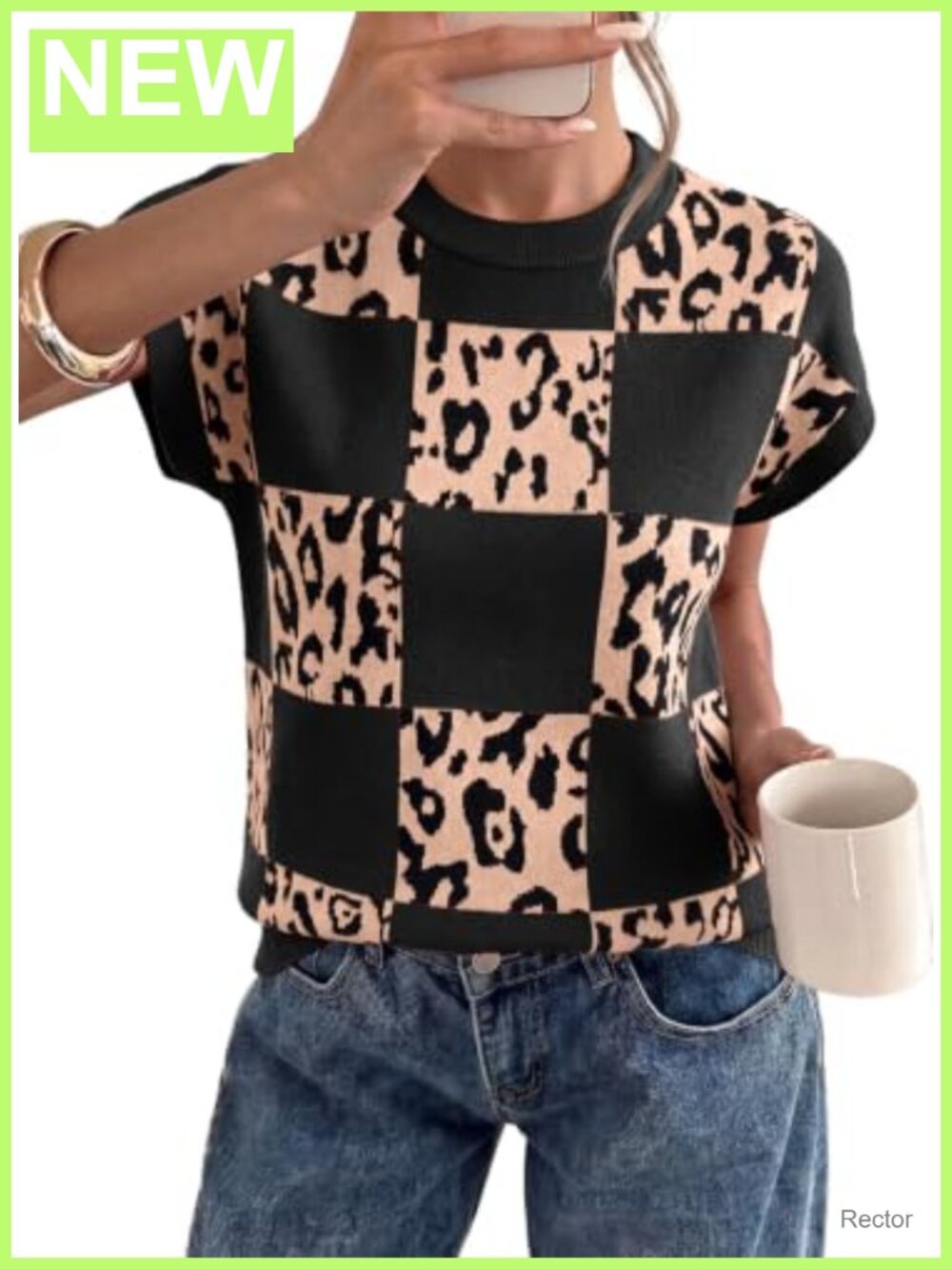 Sweater Vest Short Sleeve Leopard Print Top Fall Casual Women